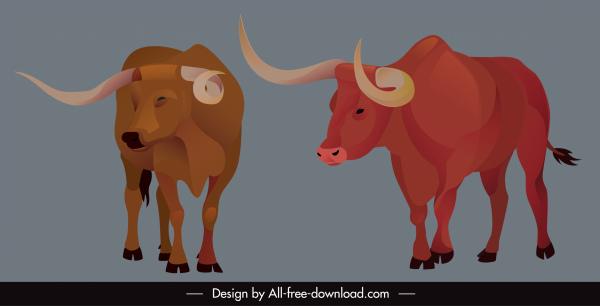wild bull icons longhorn sketch cartoon design
