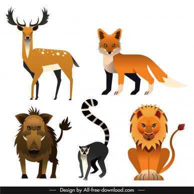 wild carnivore herbivore animals icons colored classic sketch