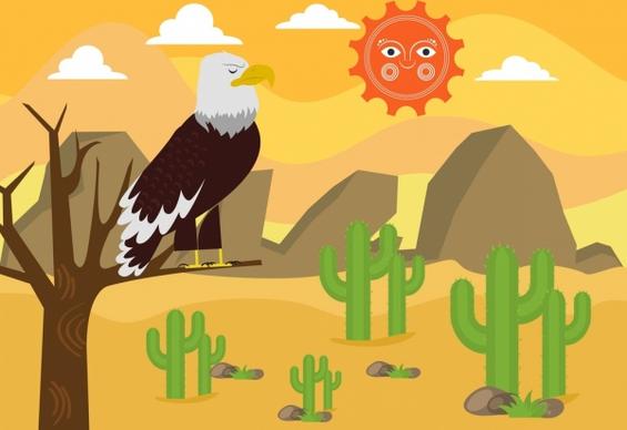 wild desert background eagle sun icons cartoon design