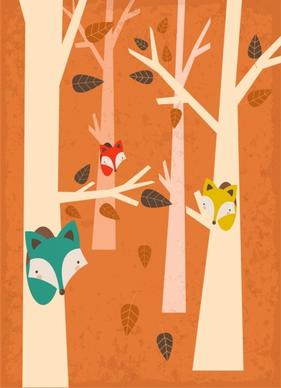 wild foxes drawing tree icons decor retro design