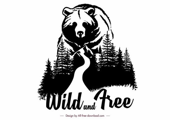 wild life banner bear forest sketch black white classic