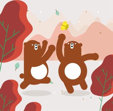 wild life drawing joyful bears icons cartoon design