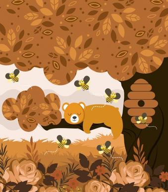 wild nature background brown design bear bees icons