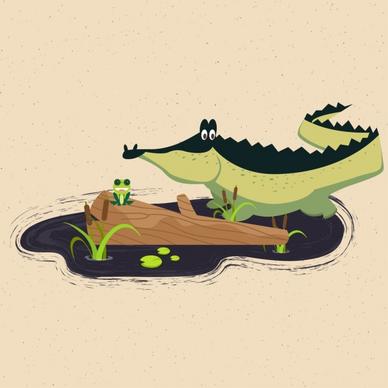 wild nature background crocodile frog icons colored cartoon