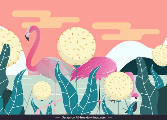 wild nature background flamingo dandelion sketch
