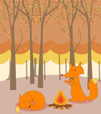 wild nature background stylized fox icons cartoon decoration