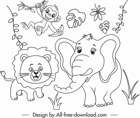 wild nature drawing cute animals handdrawn cartoon sketch