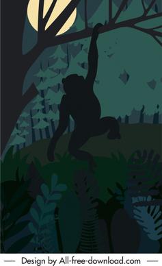wild nature painting dark night monkey sketch