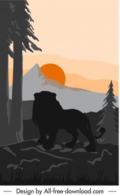 wild nature painting lion mountain sketch dark silhouette