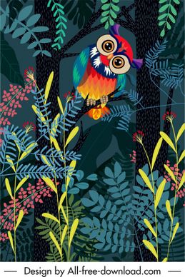 wild nature painting owl jungle sketch colorful cartoon
