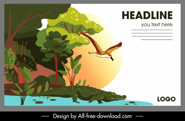 wild nature poster alligator bird forest sketch