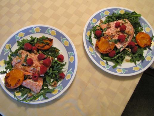 wild salmon with pan seared apricots and arugula