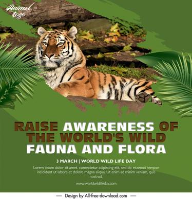 wild world awareness square flyer template tiger species leaves sketch modern realistic design