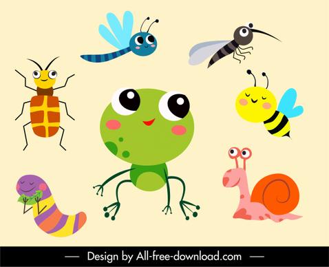 wilderness elements icons animals sketch cute cartoon characters