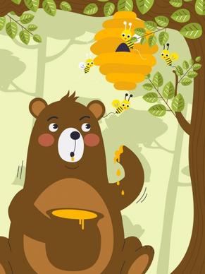 wildlife background bear honeybees icons stylized cartoon