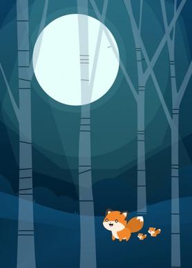 wildlife background fox round moon icons cartoon design