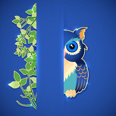 wildlife background leaves owl icons cutting style