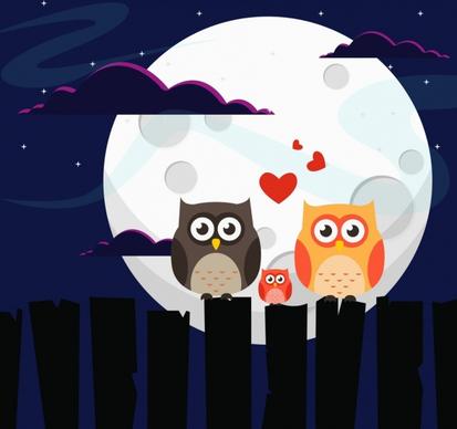 wildlife background owl family moonlight icons colored cartoon