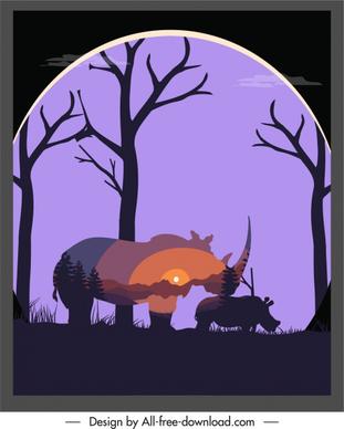 wildlife background rhino scenery sketch dark blurred silhouette