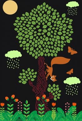 wildlife background tree fox butterflies icons cartoon design