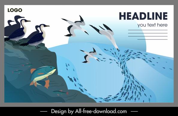 wildlife banner seabirds fishes sketch motion design