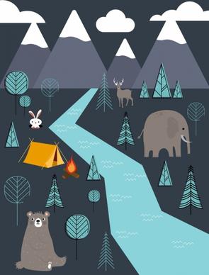 wildlife camping background animals tent campfire trees icons