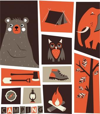 wildlife camping design elements classical cartoon icons