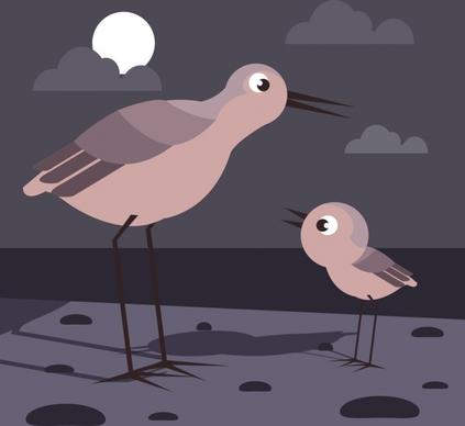 wildlife drawing birds moonlight icons cartoon design