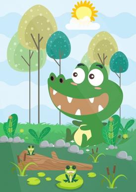 wildlife drawing crocodile frogs icons cute cartoon design