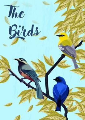 wildlife drawing multicolored birds leaves icons