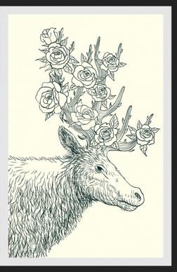 wildlife drawing reindeer rose icons handdrawn outline