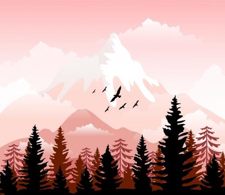 wildlife landscape background mountain forest birds icons decor