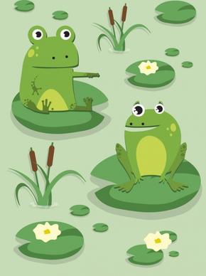 wildlife painting green frog lotus leaves cartoon design