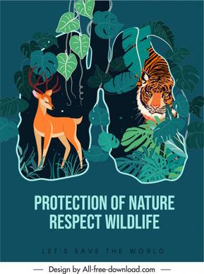 wildlife protection banner dark classical animals jungle sketch