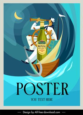 wine advertising poster template sailor marine elements sketch