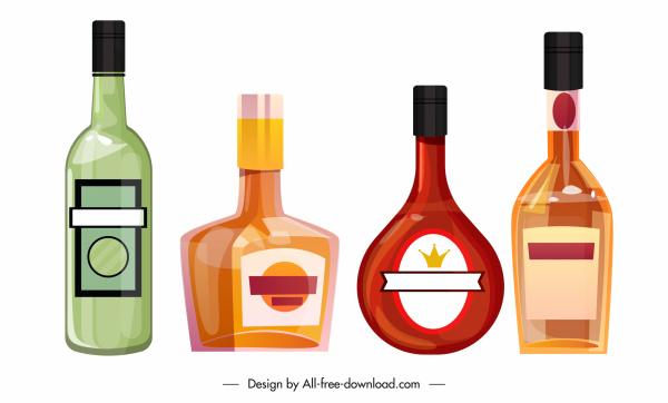 wine bottle icons colored flat shapes sketch