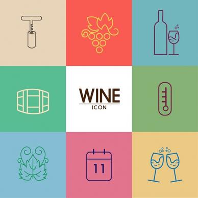 wine icons design elements flat colored sketch