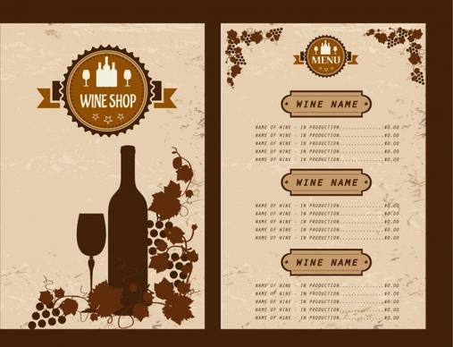 wine menu design grapes bottle glasses decoration