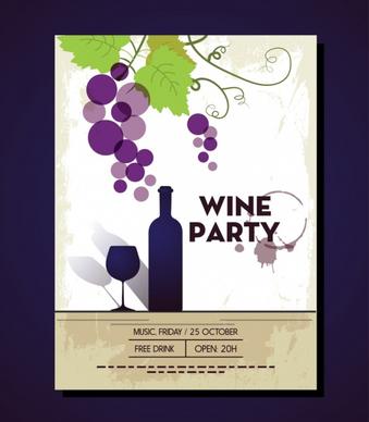 wine party leaflet colorful grapes bottle glass decoration