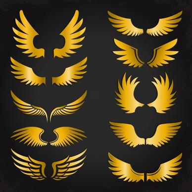 wings icons collection shiny yellow various shapes