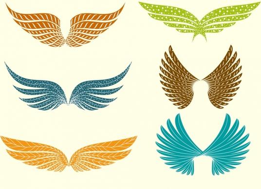 wings icons collection various bright colored decoration