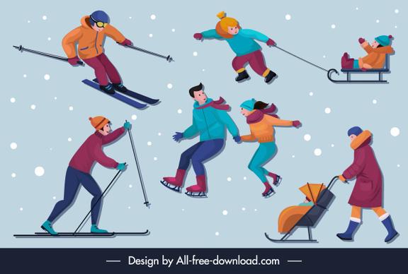 winter activities icons cartoon characters sketch