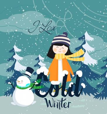 winter background cute girl snowman falling snow icons