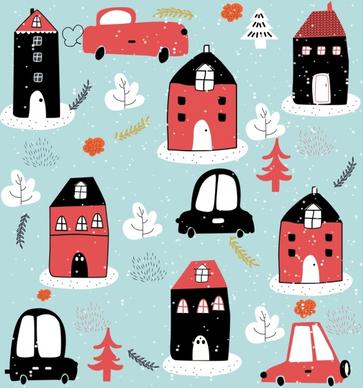 winter background house snow car icons flat handdrawn