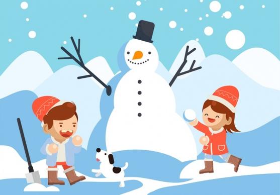 winter background playful children snowman icons cartoon characters
