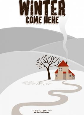 winter background snow land leafless tree house icons
