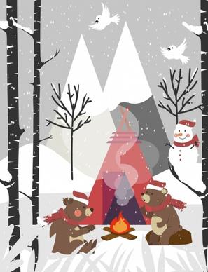winter background snowfall stylized bears campfire icons
