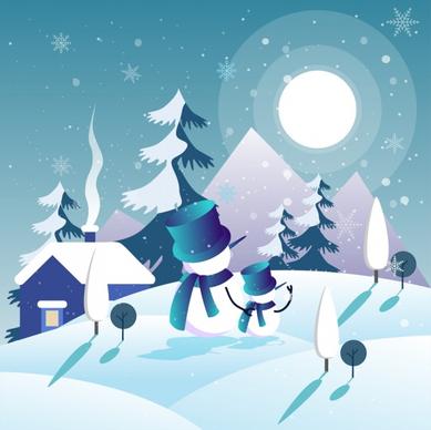 winter background snowman snowflakes moonlights icons decor