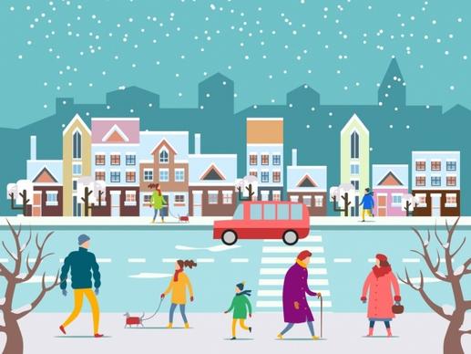 winter background street pedestrian snowfall icons cartoon design