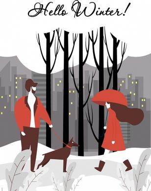 winter banner urban lifestyle snowy landscape cartoon design